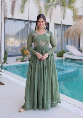 Green Beads Work Crunchy Anarkali