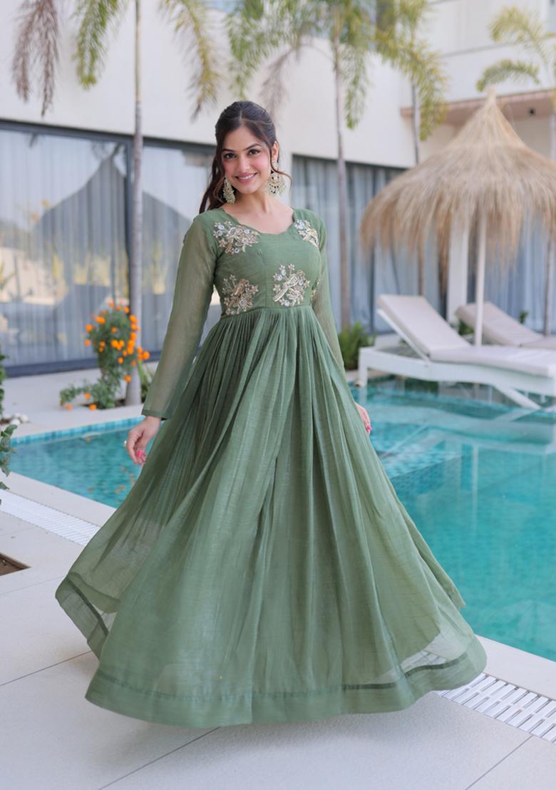 Green Beads Work Crunchy Anarkali - Indya