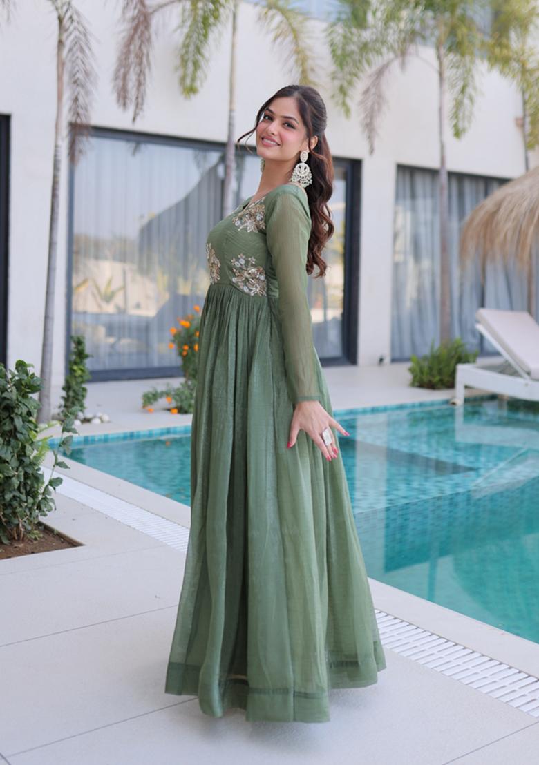 Green Beads Work Crunchy Anarkali - Indya