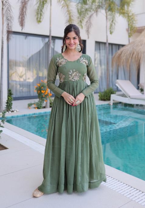 Green Beads Work Crunchy Anarkali