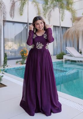 Wine Beads Work Crunchy Anarkali