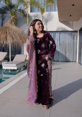 Purple Embroidered Velvet Anarkali Set