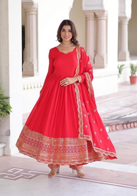 Maroon Embroidered Silk Anarkali Set