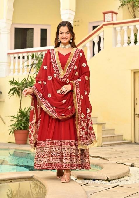 Maroon Embroidered Faux Blooming Anarkali Set