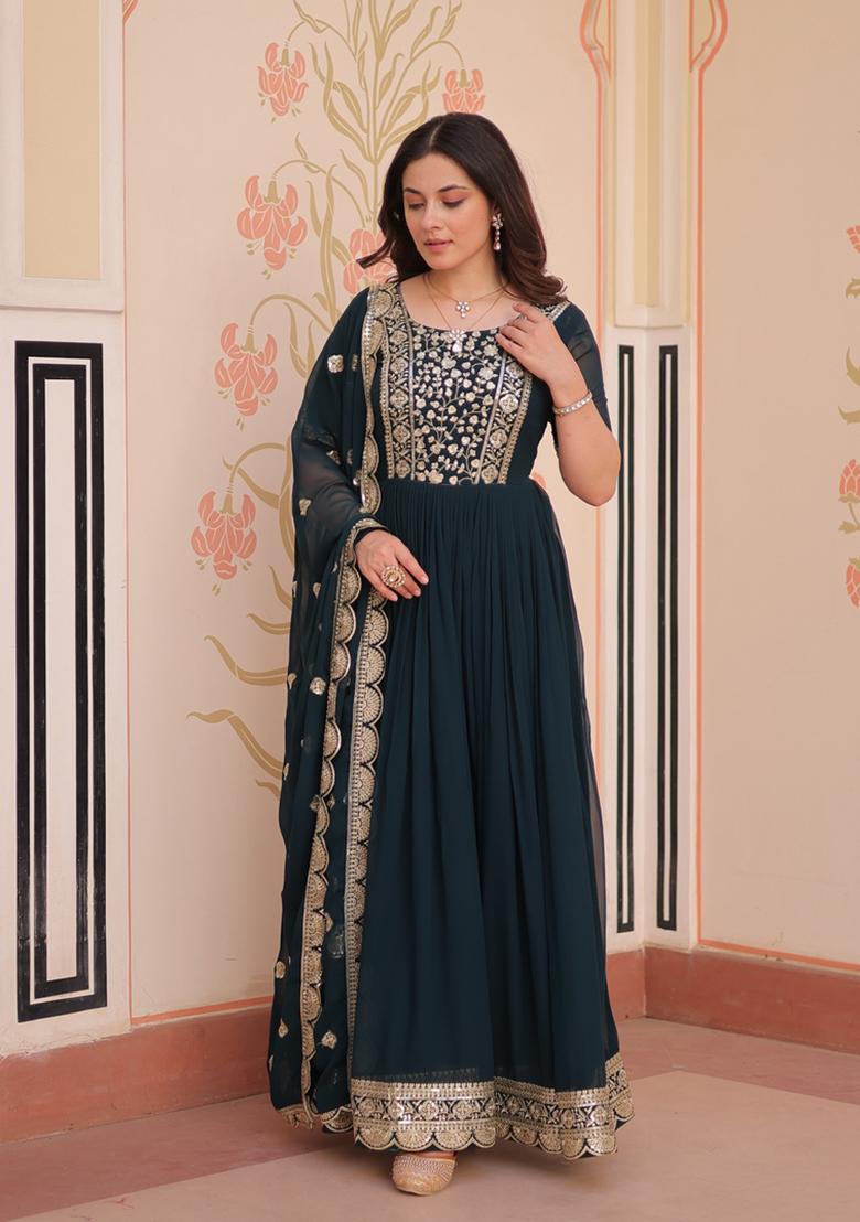 Rama Embroidered Faux Blooming Anarkali Set - Indya