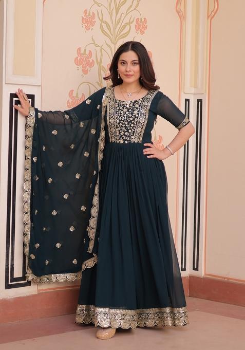 Rama Embroidered Faux Blooming Anarkali Set
