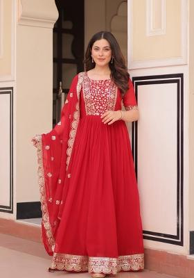 Red Embroidered Faux Blooming Anarkali Set