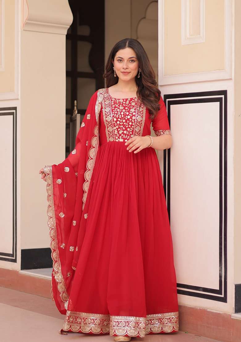 Red Embroidered Faux Blooming Anarkali Set - Indya