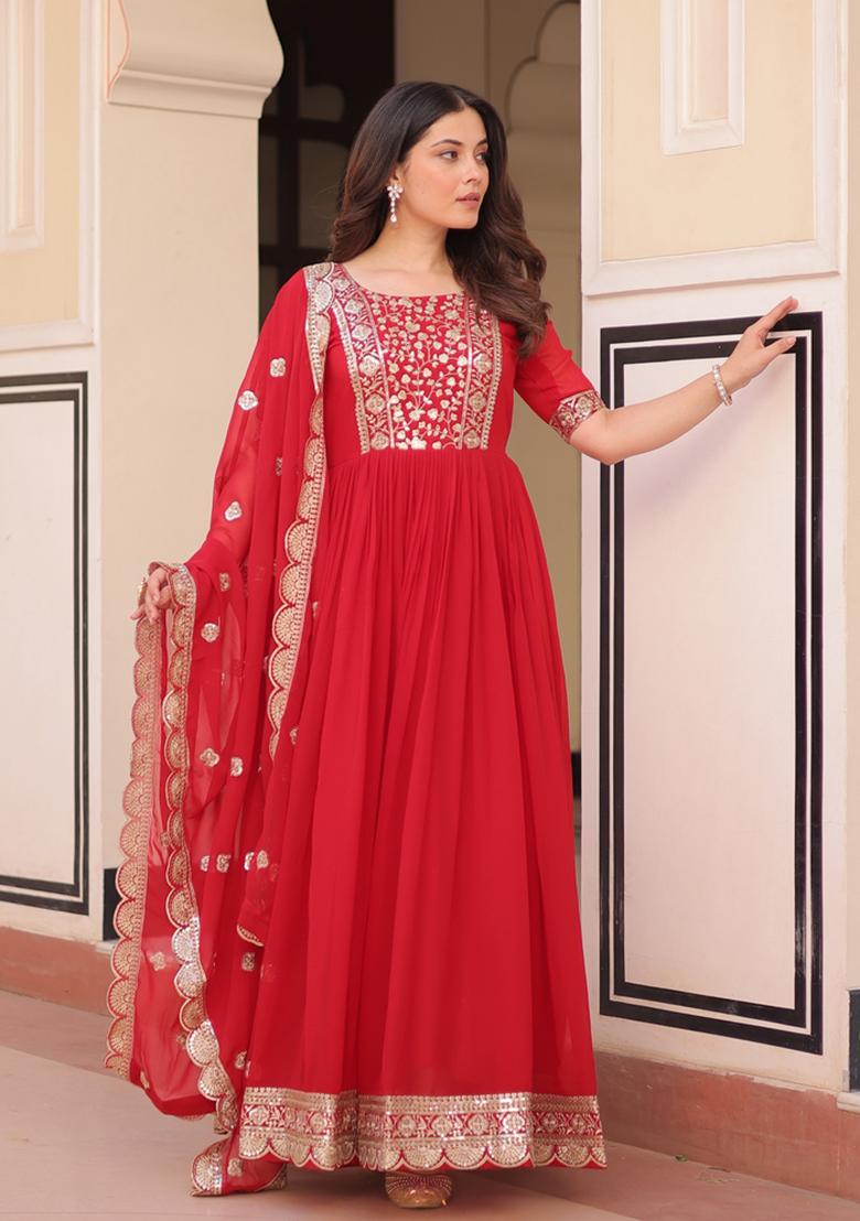 Red Embroidered Faux Blooming Anarkali Set - Indya