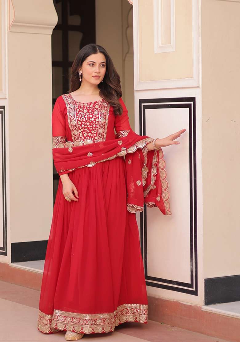 Red Embroidered Faux Blooming Anarkali Set - Indya