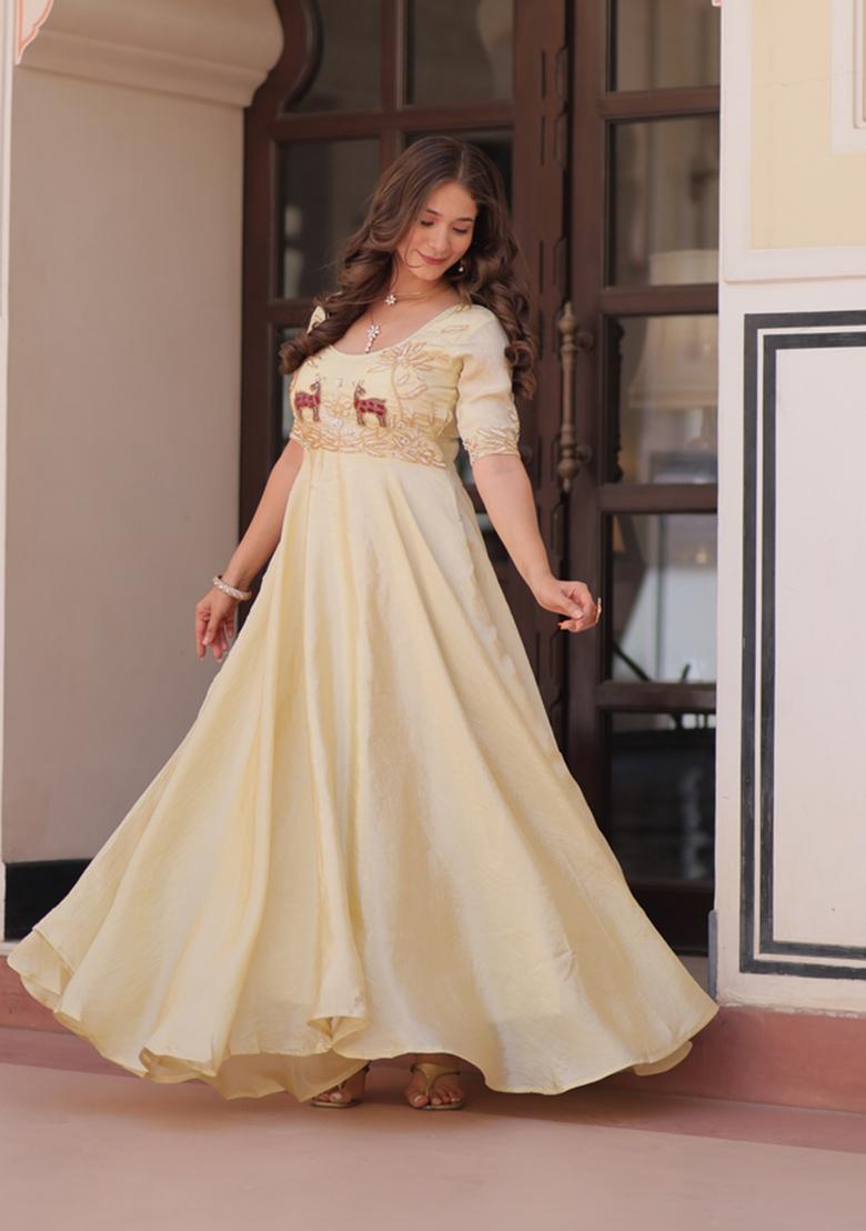 Off White Beads Work Gold Crush Anarkali - Indya