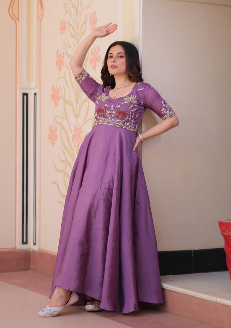 Purple Beads Work Gold Crush Anarkali - Indya