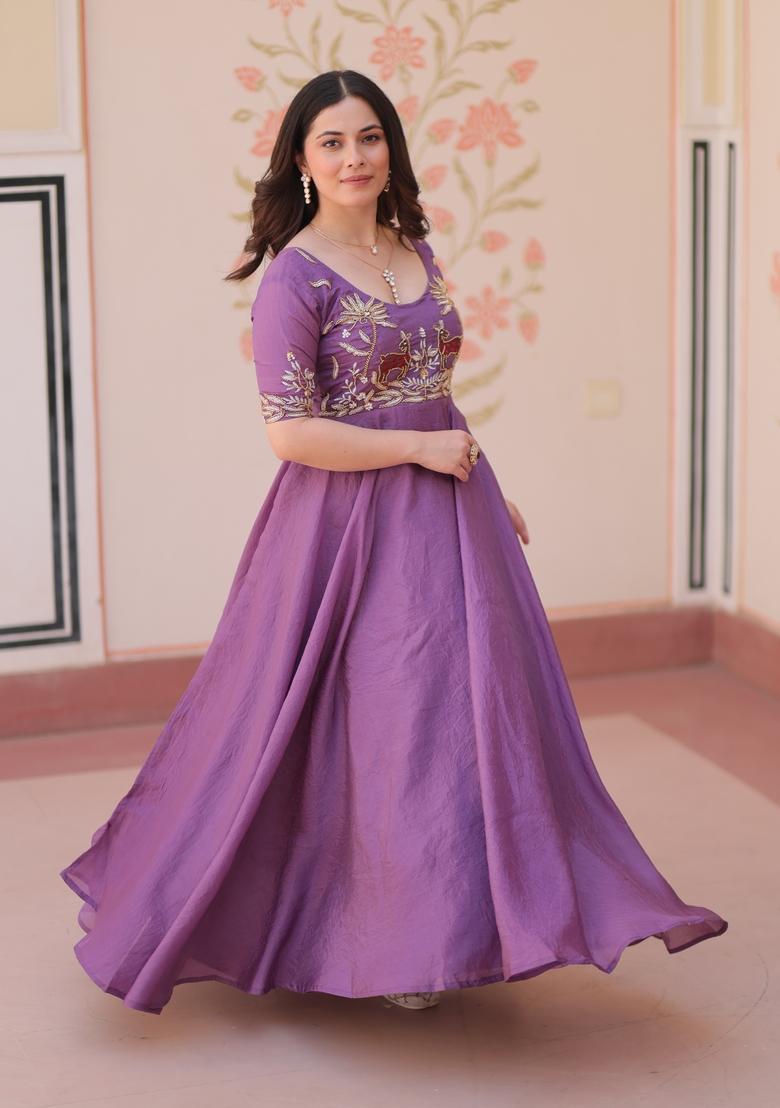 Purple Beads Work Gold Crush Anarkali - Indya
