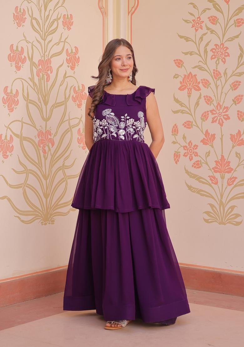 Purple Beads Work Faux Blooming Anarkali - Indya