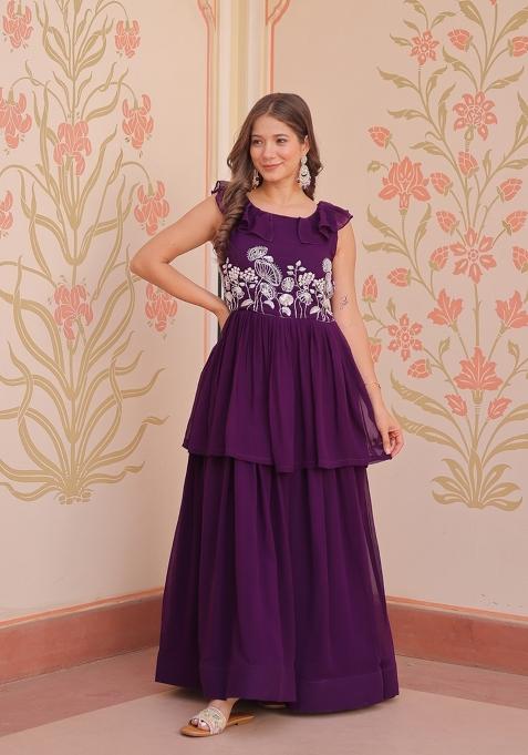 Purple Beads Work Faux Blooming Anarkali