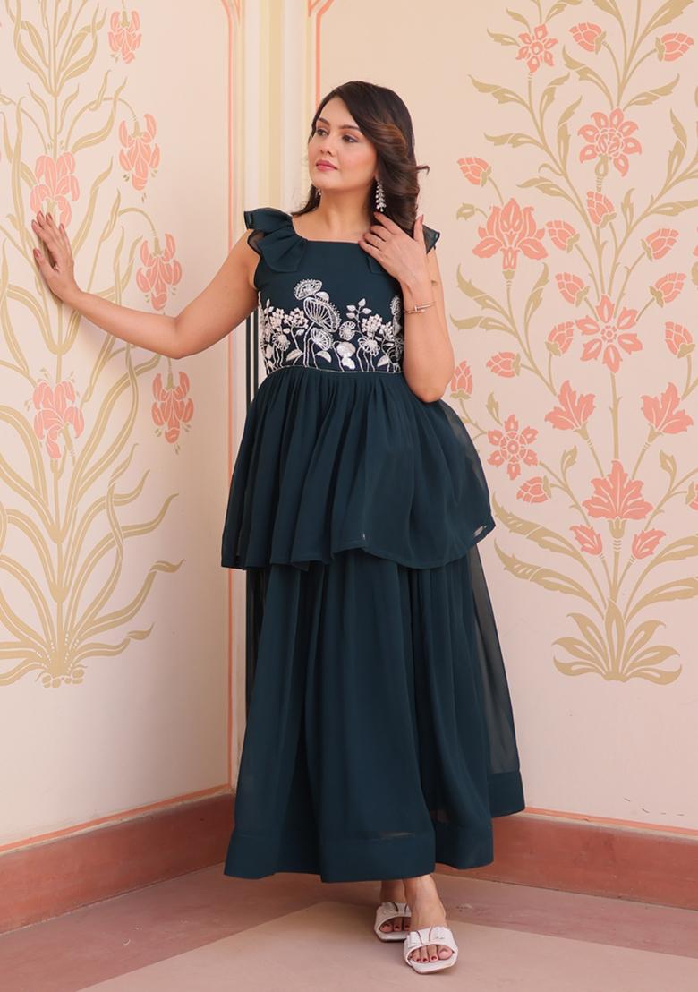 Rama Beads Work Faux Blooming Anarkali - Indya