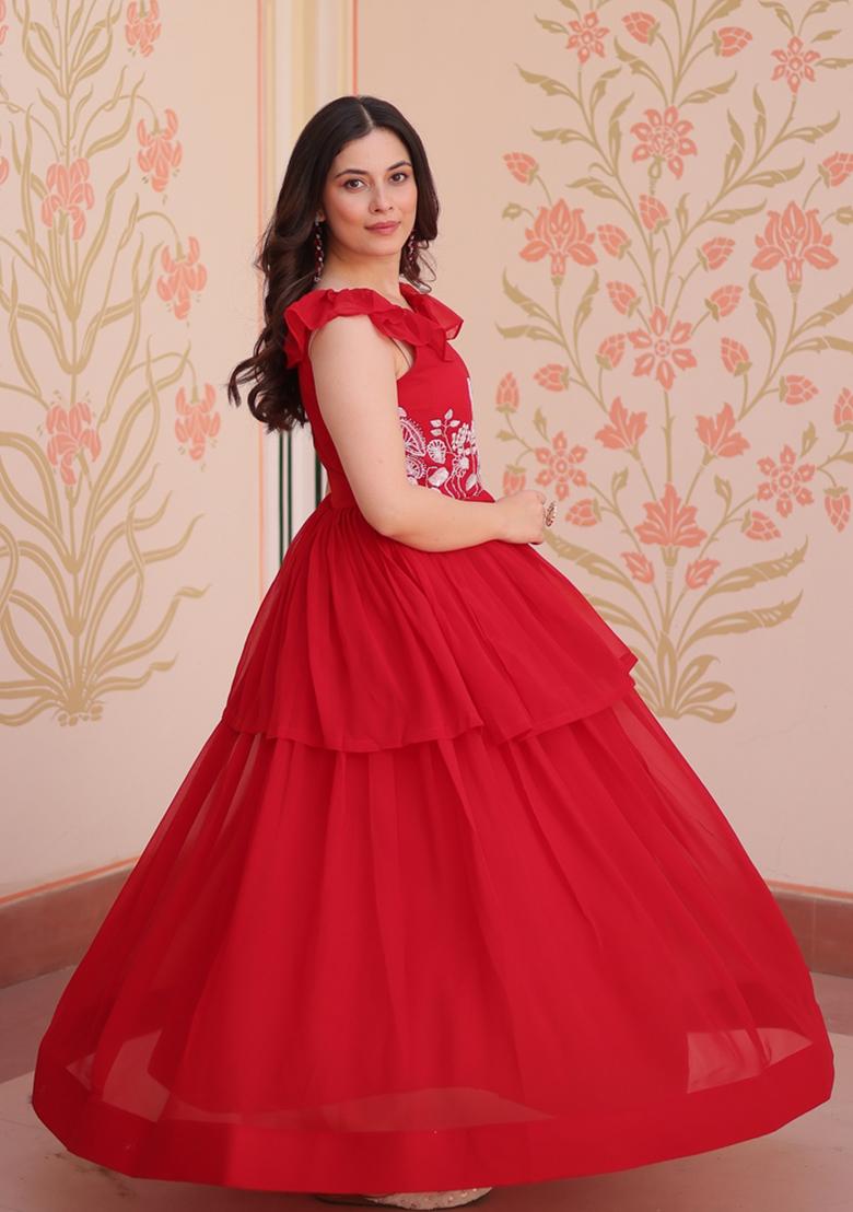 Red Beads Work Faux Blooming Anarkali - Indya