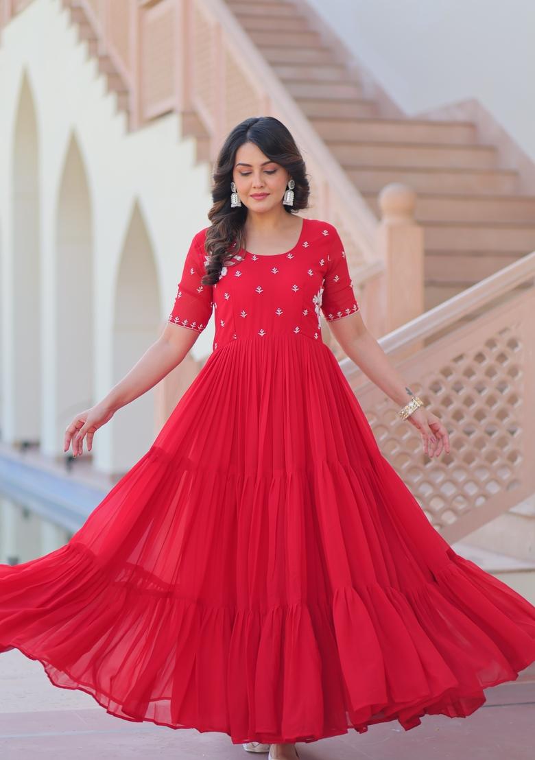 Red Beads Work Faux Blooming Anarkali - Indya