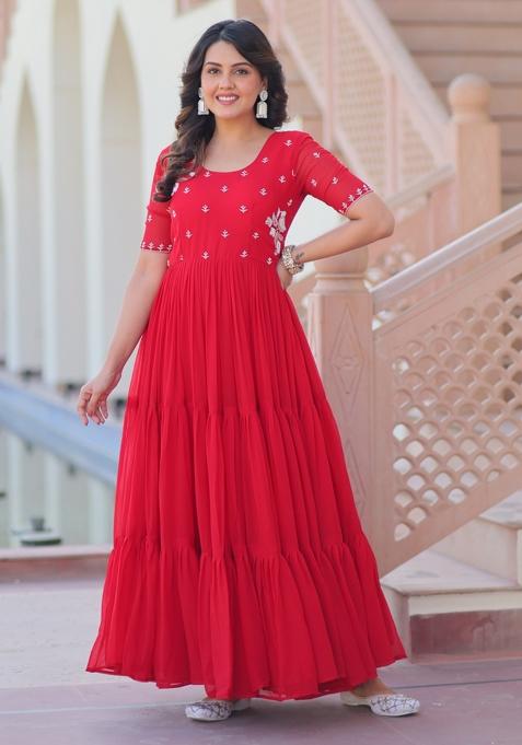 Red Beads Work Faux Blooming Anarkali