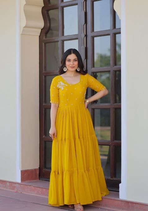 Yellow Beads Work Faux Blooming Anarkali