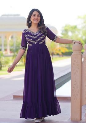 Purple Beads Work Faux Blooming Anarkali