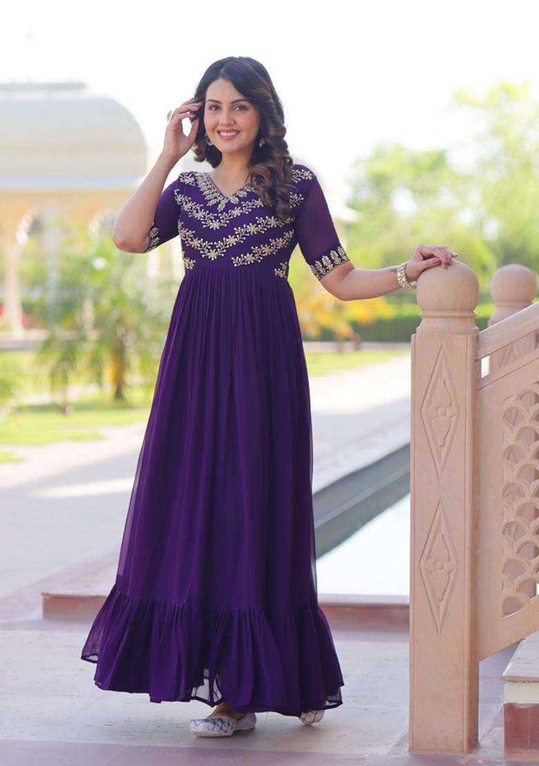 Purple Beads Work Faux Blooming Anarkali - Indya