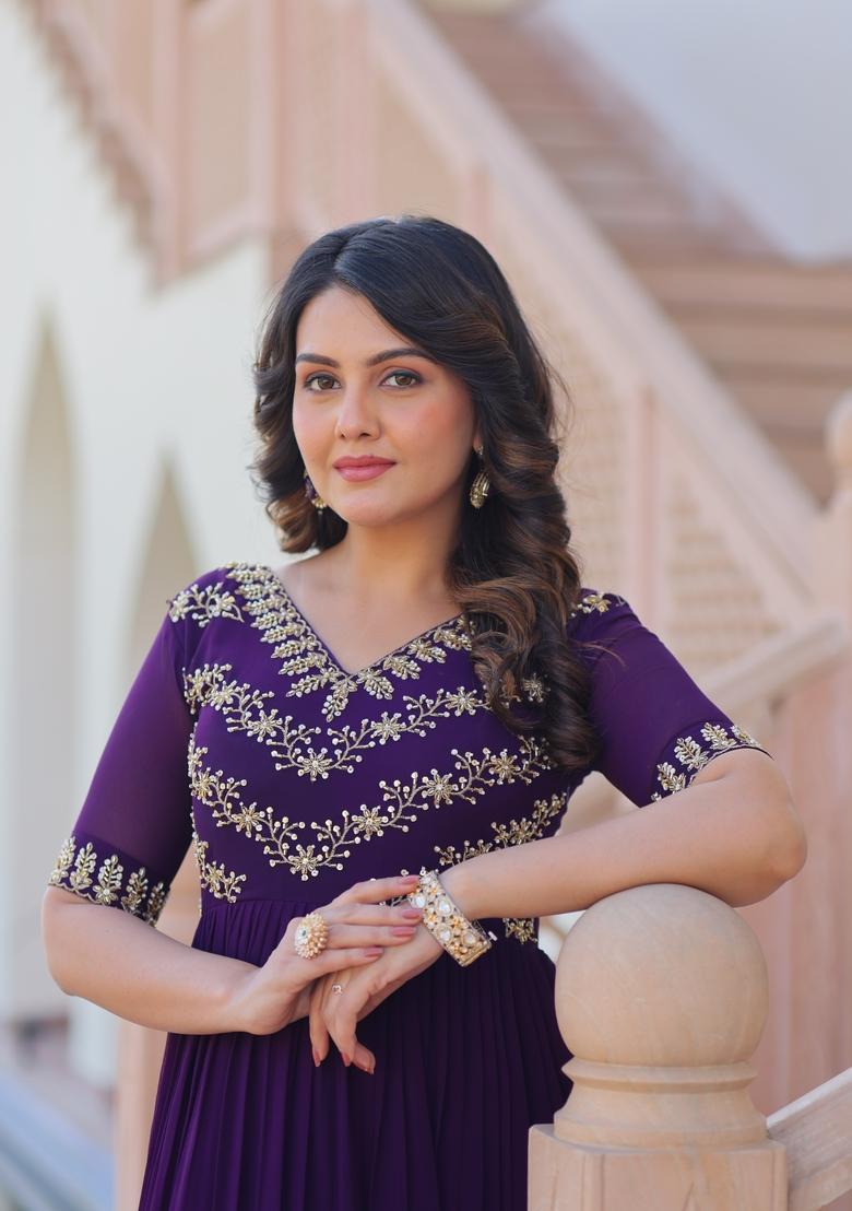 Purple Beads Work Faux Blooming Anarkali - Indya