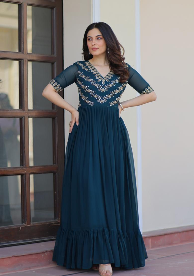 Rama Beads Work Faux Blooming Anarkali - Indya