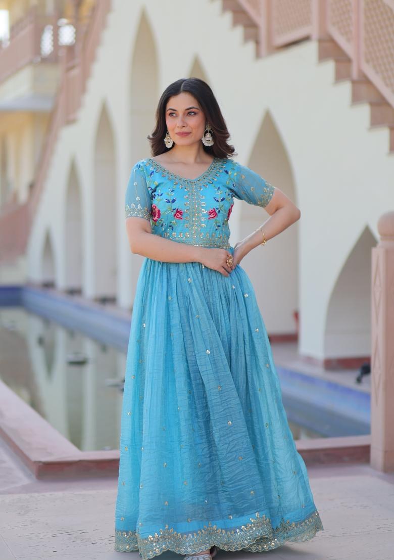 Sky Blue Embroidered Gold Crush Anarkali - Indya