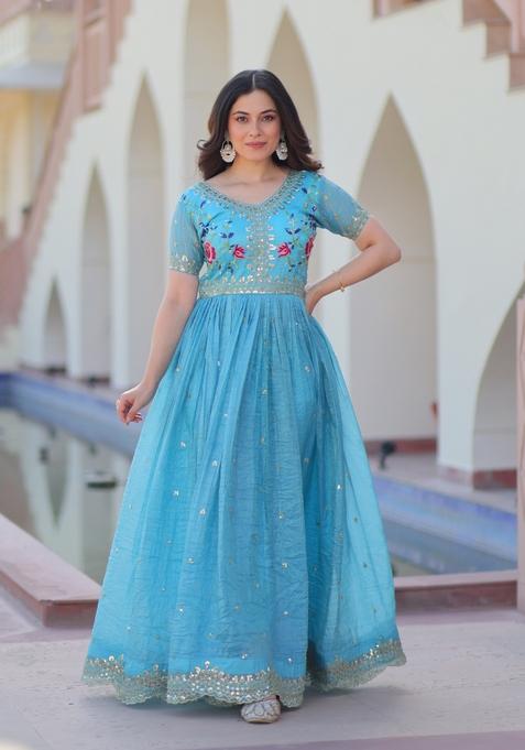 Sky Blue Embroidered Gold Crush Anarkali