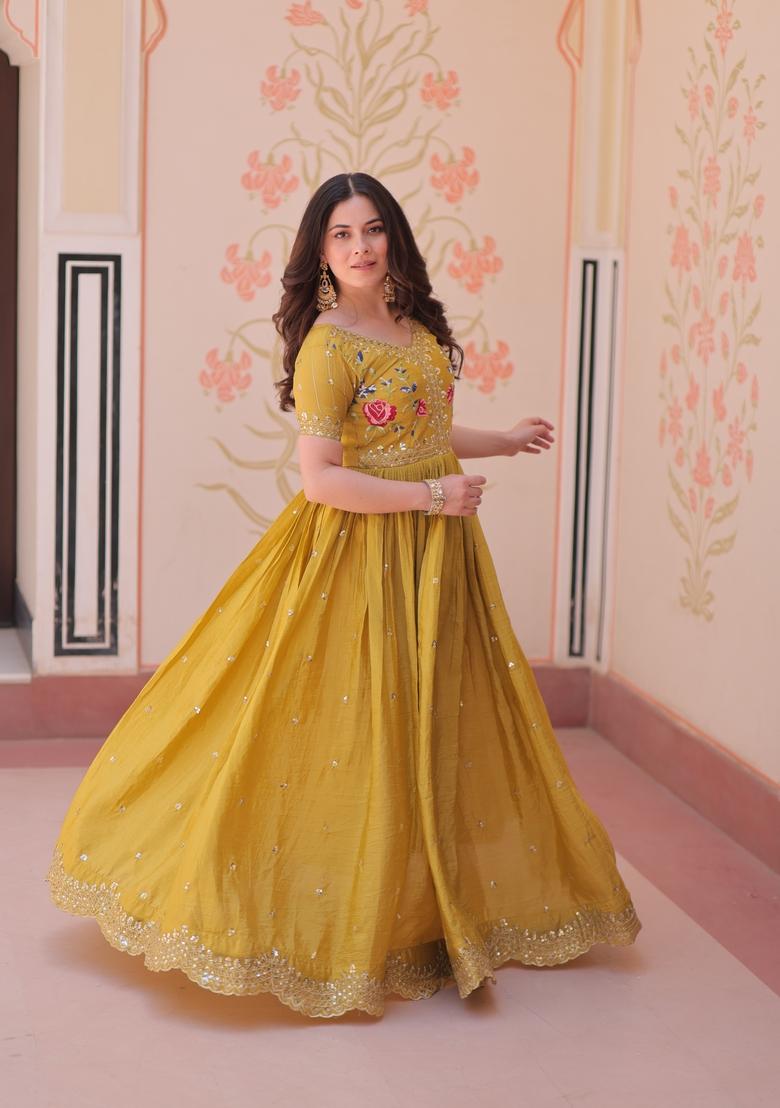 Yellow Embroidered Gold Crush Anarkali - Indya