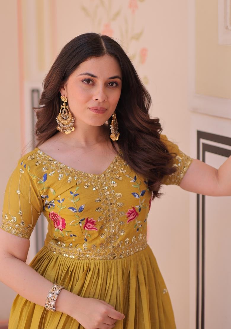 Yellow Embroidered Gold Crush Anarkali - Indya