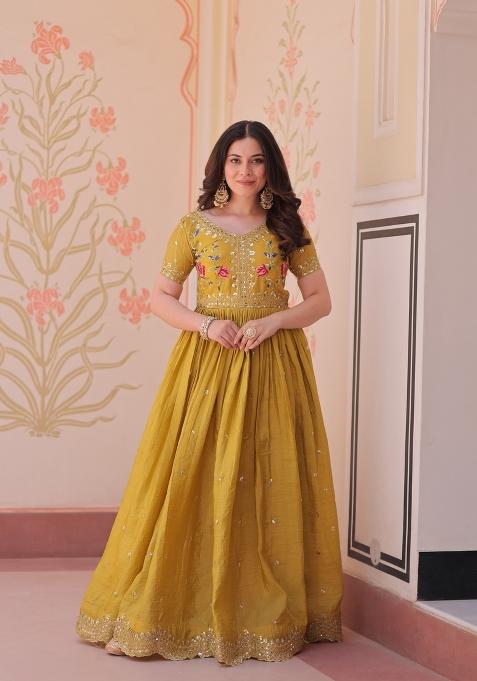 Yellow Embroidered Gold Crush Anarkali