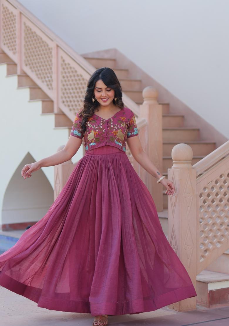 Onion Embroidered Crunchy Anarkali Set - Indya