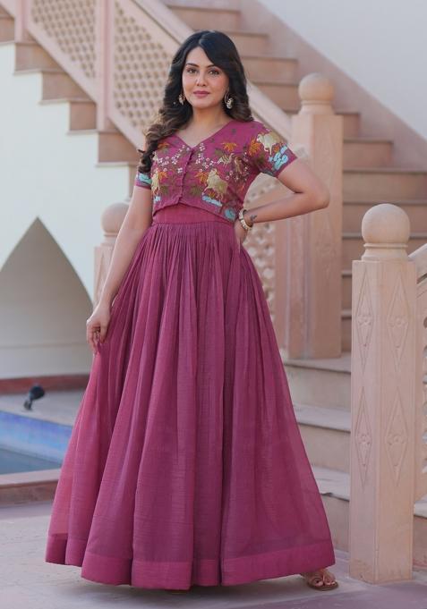 Onion Embroidered Crunchy Anarkali Set