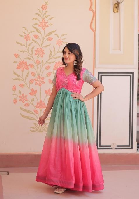Pink Beads Work Gold Crush Anarkali