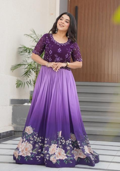 Purple Floral Print Faux Blooming Anarkali