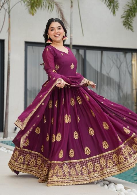 Wine Embroidered Georgette Anarkali Set