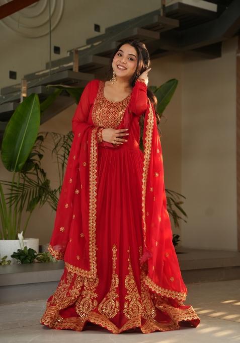 Red Embroidered Faux Blooming Anarkali Set