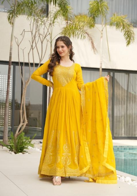 Yellow Embroidered Faux Blooming Anarkali Set