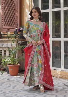 Sky Blue Embroidered Silk Blend Anarkali Set