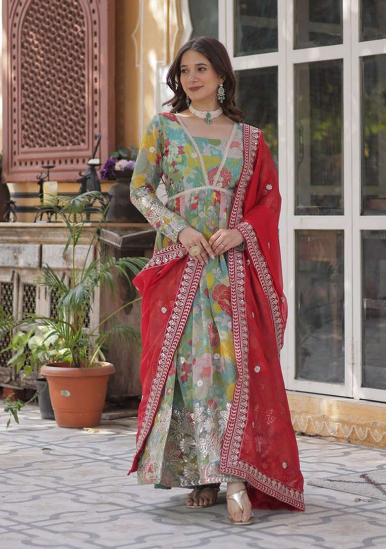 Sky Blue Embroidered Silk Blend Anarkali Set - Indya