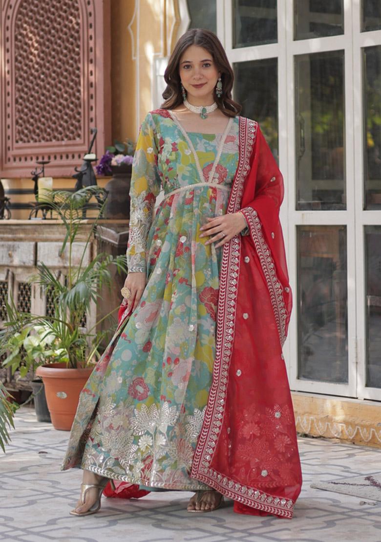 Sky Blue Embroidered Silk Blend Anarkali Set - Indya