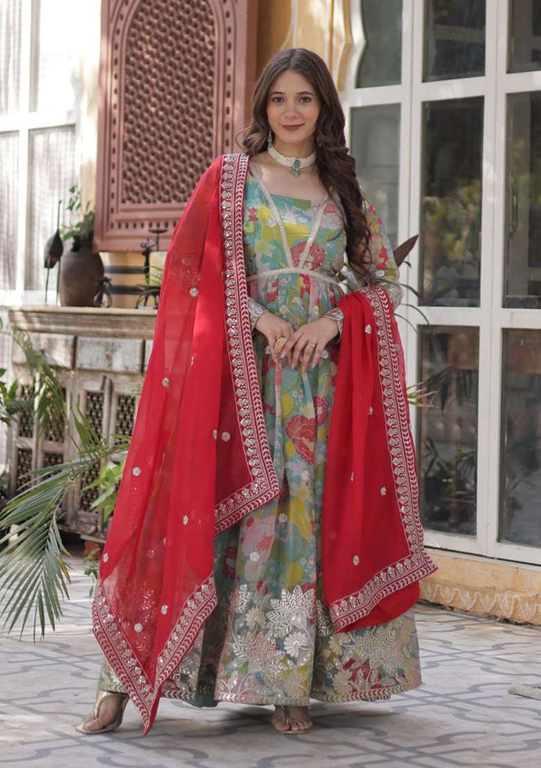 Sky Blue Embroidered Silk Blend Anarkali Set - Indya