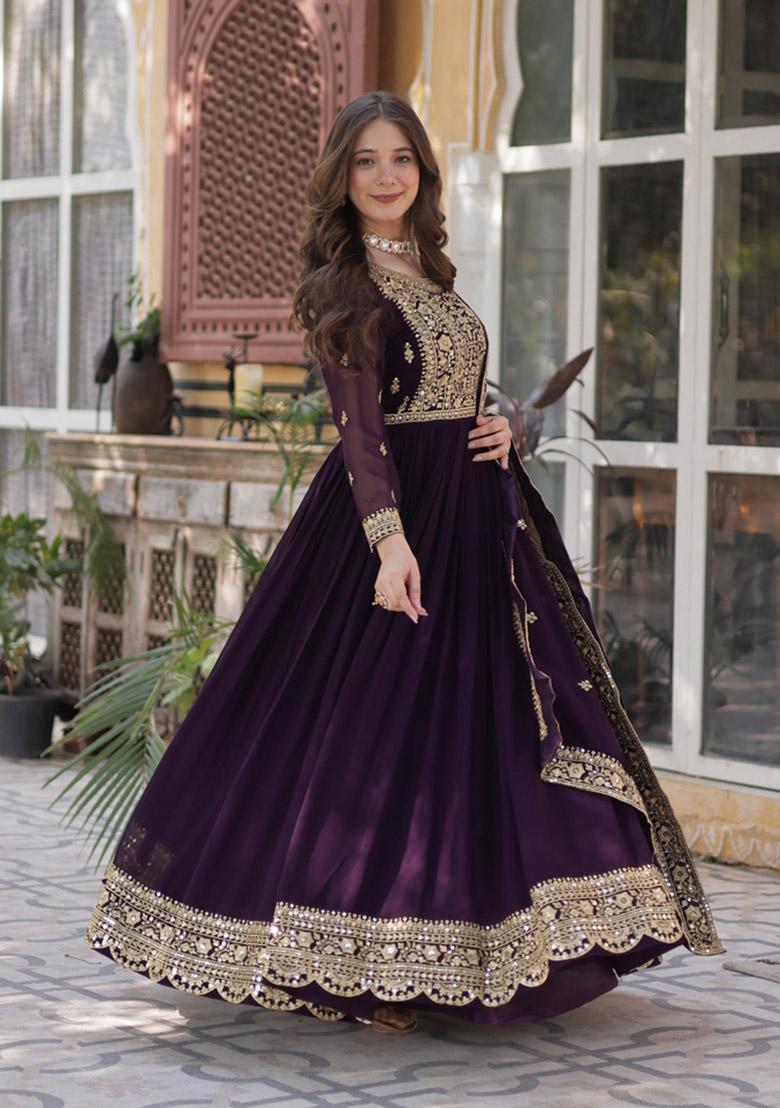 Wine Embroidered Faux Blooming Anarkali Set - Indya