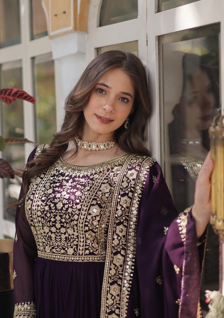 Wine Embroidered Faux Blooming Anarkali Set - Indya