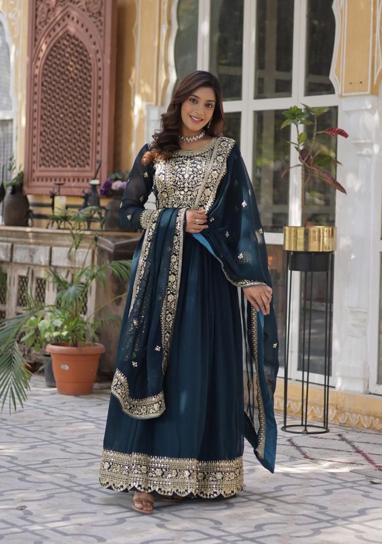 Rama Embroidered Faux Blooming Anarkali Set - Indya