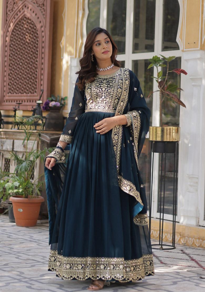Rama Embroidered Faux Blooming Anarkali Set - Indya