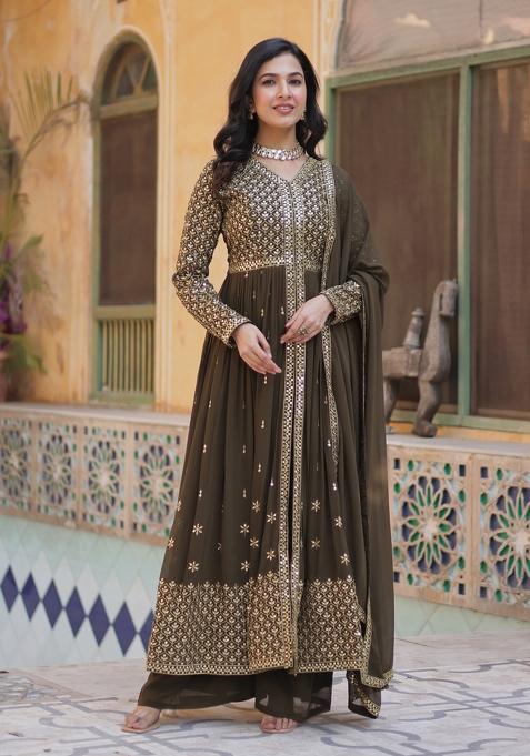 Mehendi Embroidered Georgette Anarkali Set