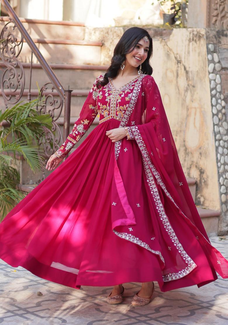 Pink Embroidered Faux Blooming Anarkali Set - Indya